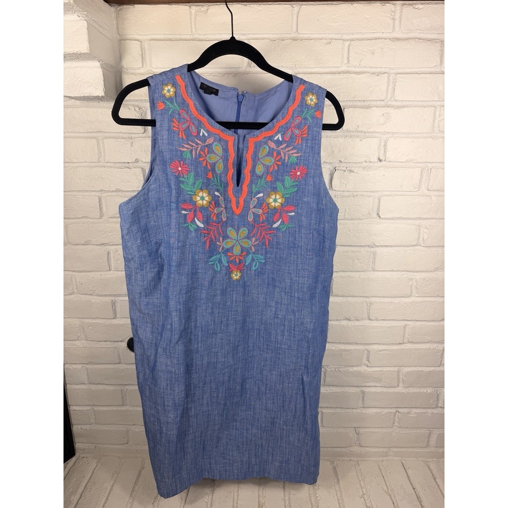 Talbots Linen Blend Embroidered Floral Blue Chambray Sleeveless Shift Dress‎ 16P